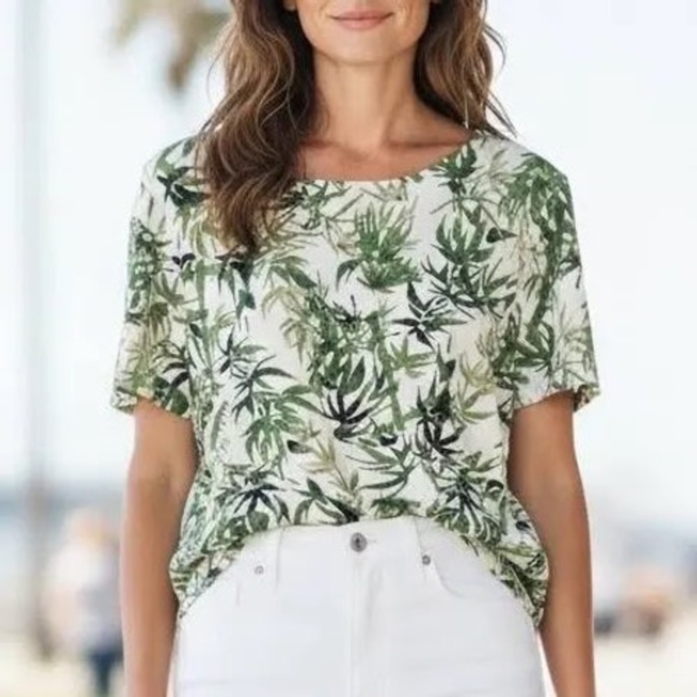 J. Jill Womens Small Green Bamboo Leaf Print Linen Blend Back Wooden Button Top